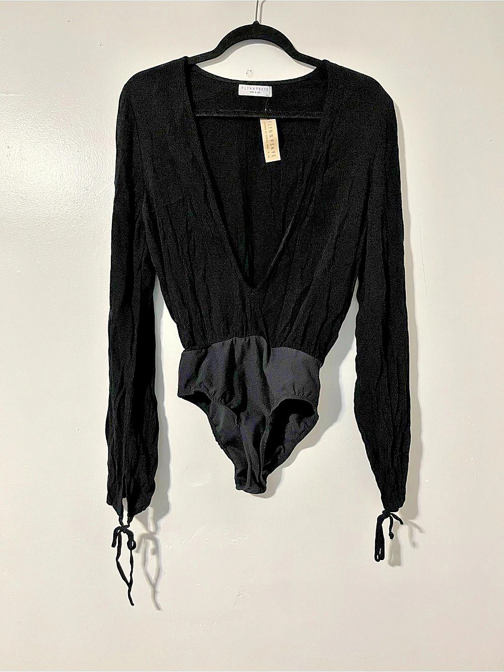 Flynn Skye Black Long Sleeve Plunging Neckline - Bodysuit Size M/L NWT
